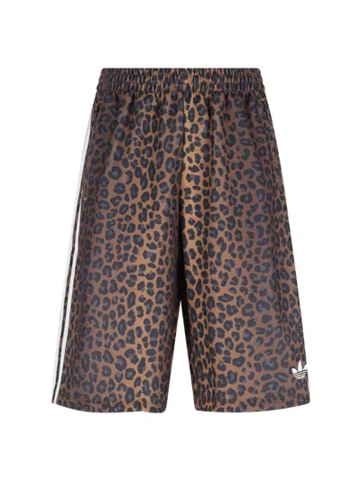Adidas Originals Animal Print Elastic Waistband Shorts Side Stripes In Brown