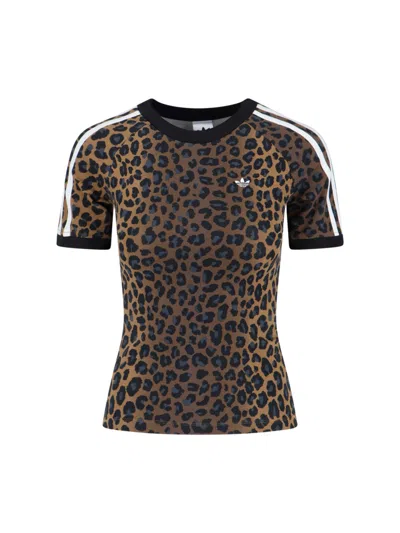 Adidas Originals Short Sleeve Crew Neck Animal Print Top In Brown