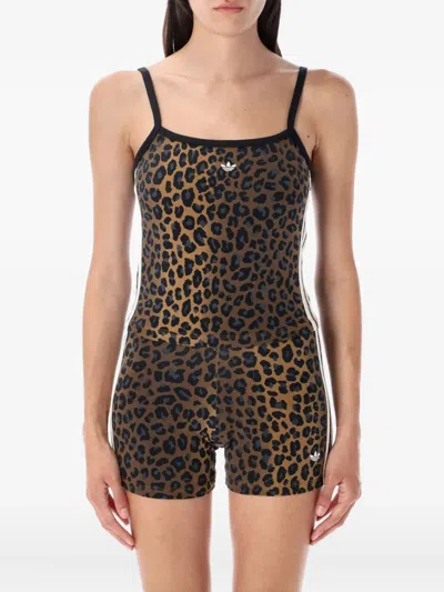 Adidas Originals Leopard-print Three-stripe Bodysuit In Brown