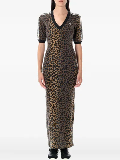Adidas Originals Leopard-print V-neck Maxi Day Dress In Brown