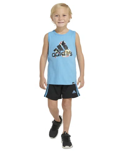 Adidas Originals Kids' Little & Toddler Boys Sleeveless Logo Tank & Elastic-waistband 3-stripe Shorts, 2 Piece Set In Semi Blue Burst