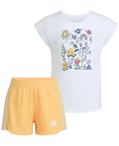 Adidas Originals Kids' Little & Toddler Girls Graphic T-shirt & Mesh Shorts, 2 Piece Set In White W Yellow
