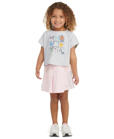 Adidas Originals Kids' Little & Toddler Girls Short Sleeve Box Heather Top & Skort, 2 Piece Set In Light Grey
