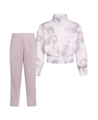 Adidas Originals Kids' Little Girls Printed Fashion Tricot Jacket And Pants, 2 Piece Set In Off White