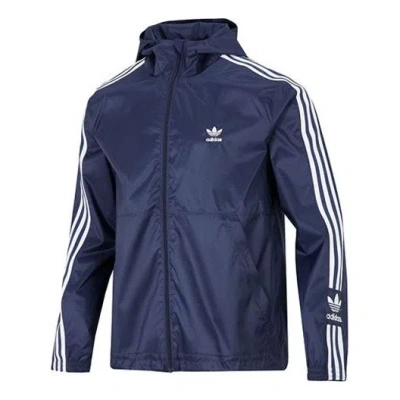 Adidas Originals Logo Micro Mark Stripe Athleisure Casual Sports Hooded Woven Jacket Navy Blue