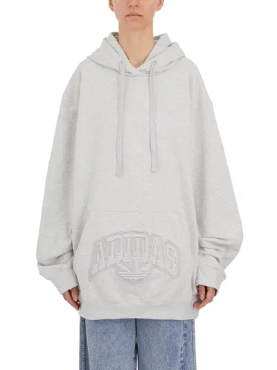 Adidas Originals Logo Patch Drawstring Oversize Hoodie In Grey