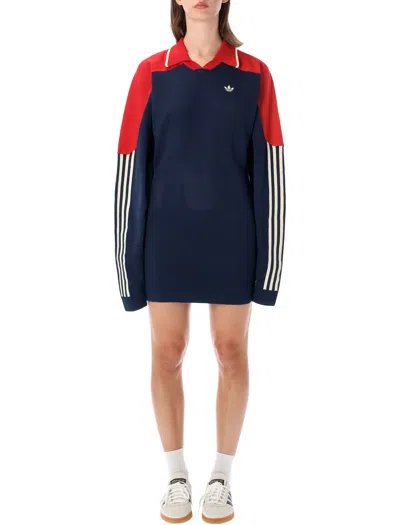 Adidas Originals Long Sleeve Mini Sweater Dress In Blue Cream Red