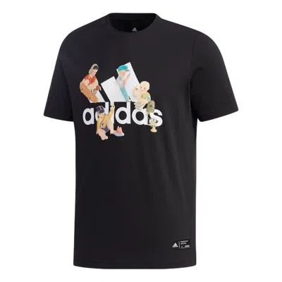 Adidas Originals Men's Adidas Cartoon Alphabet Logo Printing Round Neck Short Sleeve Black T-shirt