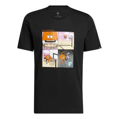 Adidas Originals Men's Adidas Cartoon Shooting Printing Pattern Round Neck Short Sleeve Black T-shirt
