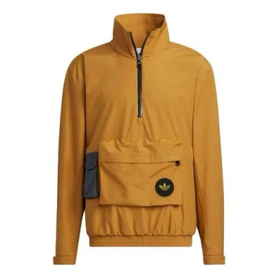 Adidas Originals Men's  3d Pocket Logo Outdoor Cardigan Woven Stand Collar Jacket Brown In Yellow