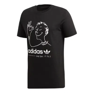 Adidas Originals Men's  Hand Painted Character Logo Round Neck Cartoon Short Sleeve Black T-shirt