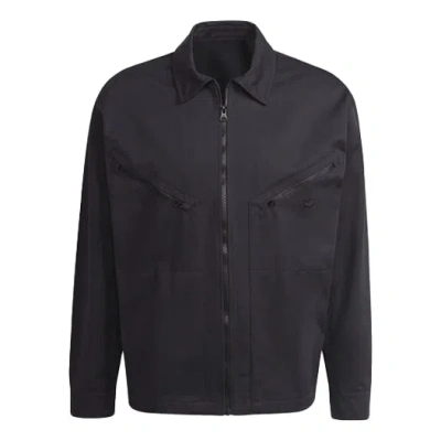 Adidas Originals Men's  Logo Embroidered Solid Color Lapel Long Sleeves Sports Black Jacket