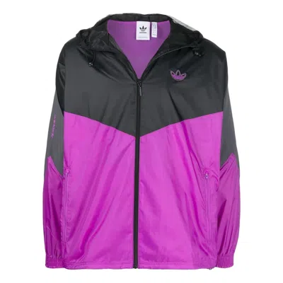 Adidas Originals Men's  Logo Embroidered Zipper Drawstring Hooded Purple Windbreaker