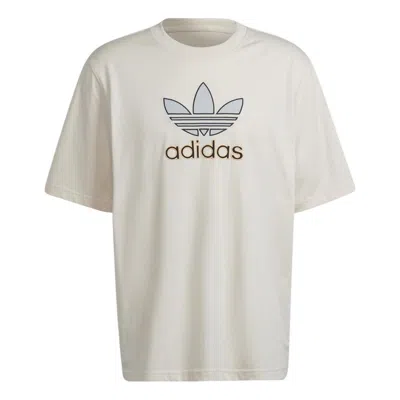 Adidas Originals Men's  Logo Printing Loose Casual Round Neck Short Sleeve Light Brown T-shirt In White