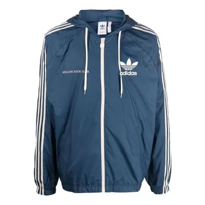 Adidas Originals Men's  Logo Printing Pattern Hooded Drawstring Sports Jacket Blue