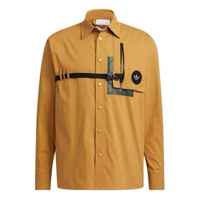 Adidas Originals Men's  Prem Wvn Lshirt Lapel Chest Long Sleeves Wheat Brown Shirt In Gold