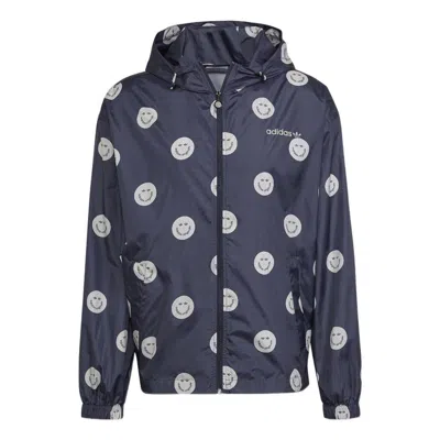 Adidas Originals Men's  Smiling Face Full Print Casual Hooded Track Jacket Deep Navy Blue
