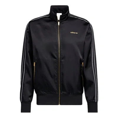 Adidas Originals Men's  Stand Collar Stripe Zipper Ribbed Cuff Long Sleeves Logo Sports Jacket Black
