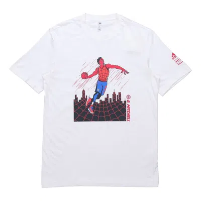 Adidas Originals Men's Adidas X Marvel/ Marvel Dm Spiderman 1 Printing Basketball Sports Round Neck Short Sleeve Whit In White