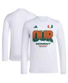 ADIDAS ORIGINALS MEN'S AND WOMEN'S ADIDAS WHITE MIAMI HURRICANES 2024 ON-COURT BENCH OUR MOMENT LONG SLEEVE T-SHIRT