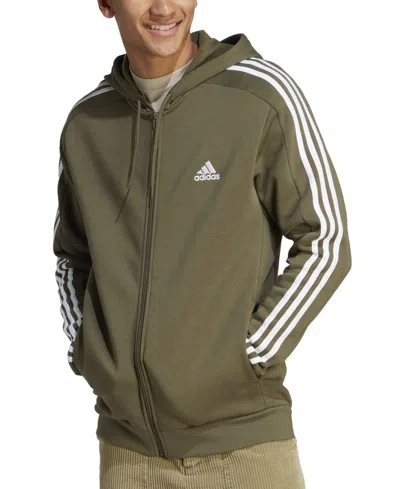 Adidas Originals Men's Essentials 3-stripes Regular-fit Full-zip Fleece Hoodie, Regular & Big & Tall In Olive,wht