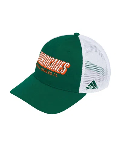 Adidas Originals Men's Green Miami Hurricanes Mascot Block Letter Slouch Trucker Adjustable Hat In Drkgrn,whi