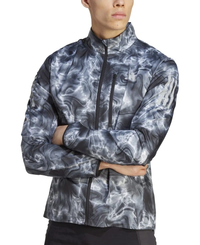 Adidas Originals Men's Own The Run Wind-resistant Printed Full-zip Running Jacket In Blk,gry