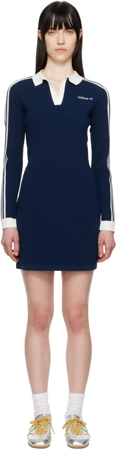 Adidas Originals Navy Knitted Polo Minidress In Night Indigo / Off W