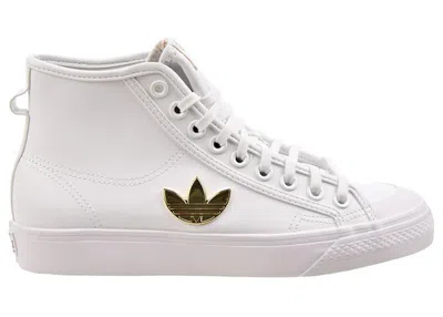 Pre-owned Adidas Originals Nizza Trefoil Hi (women's) Sneakers In Cloud White/gold Metallic
