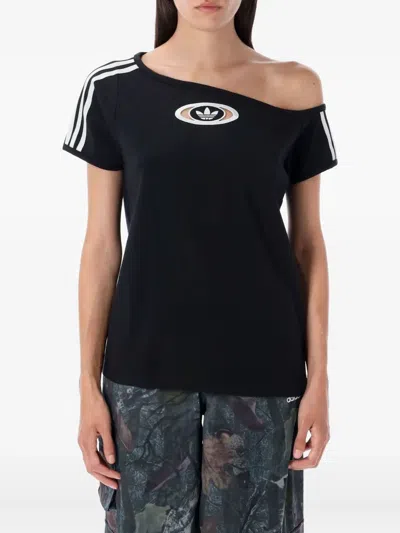 Adidas Originals Off-shoulder Three-stripes T-shirt In Black
