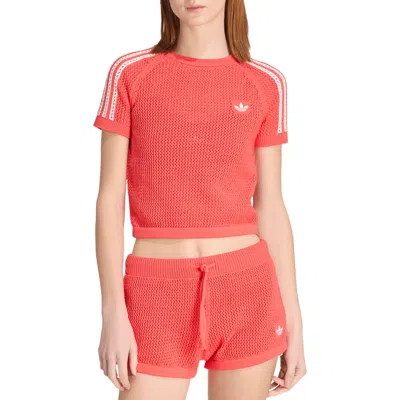 Adidas Originals Open Stitch Short Sleeve Crop Sweater In Red