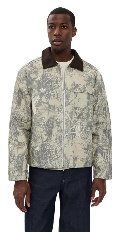 Adidas Originals Leaf Print Cotton Canvas Workwear Jacket In Neutral