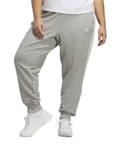 Adidas Originals Plus Size Essentials 3-striped Cotton French Terry Cuffed Joggers In Medium Grey Heather,white