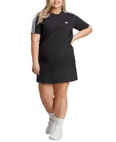 Adidas Originals Plus Size Essentials 3-stripes Boyfriend T-shirt Dress In Black,white