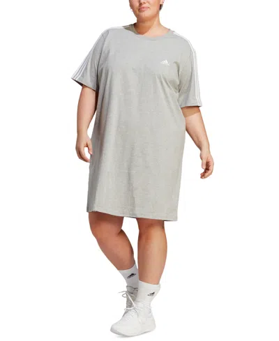 Adidas Originals Plus Size Essentials 3-stripes Boyfriend T-shirt Dress In Medium Grey,white