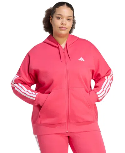 Adidas Originals Plus Size Essentials 3-stripes Full-zip Fleece Hoodie In Pink