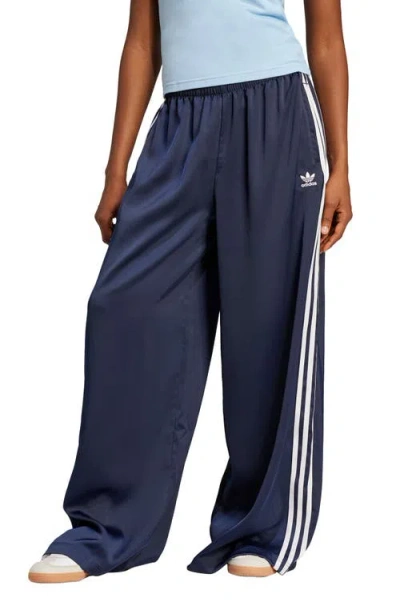 Adidas Originals Recycled Polyester Satin Wide Leg Track Pants In Night Indigo