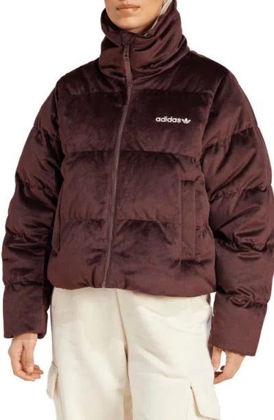 Adidas Originals Regen Velour Down Puffer Jacket In Shadow Brown