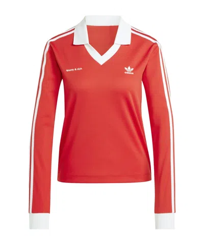Adidas Originals Retro Colorblock Vneck Longsleeve Polo Top In Red