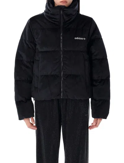 Adidas Originals Velvet Puffer Jacket Bungee Hem In Black