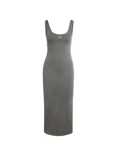 Adidas Originals Ribbed-knit Logo-patch Dress In Gray