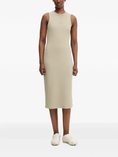 Adidas Originals Ribbed-knit Logo-patch Midi Dress In Neutral