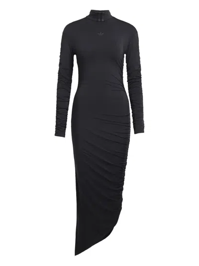 Adidas Originals Black Ruched Long Fitted Dress In Multi