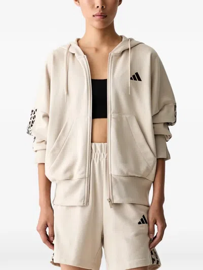Adidas Originals Seasonal Essentials Animal-print 3-stripes Full-zip Hooded Track Top In Neutral