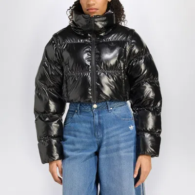 Adidas Originals Shiny Convertible Cropped Puffer Jacket In Black