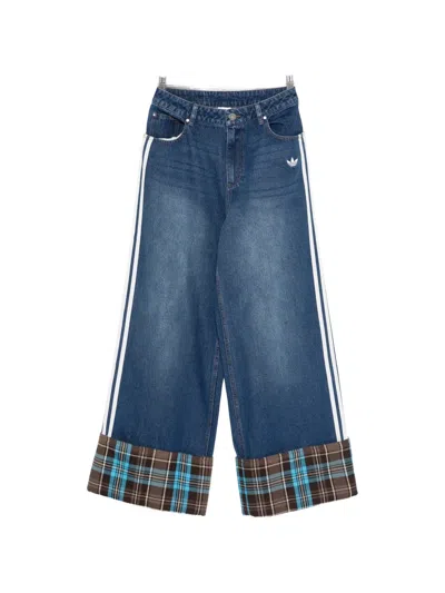 Adidas Originals Side Stripe Check Cuffs Denim Trousers In Black