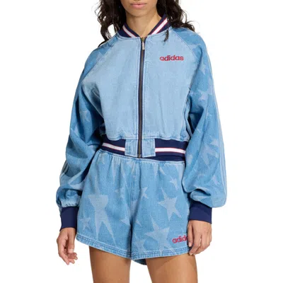 Adidas Originals Sst Denim Graphic Varsity Bomber Jacket In Blue