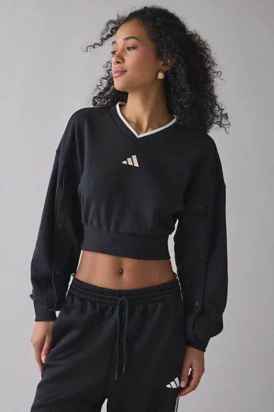 Adidas Originals Stadium V-neck Snap Sleeve Pullover Sweatshirt In Black, Women's At Urban Outfitters