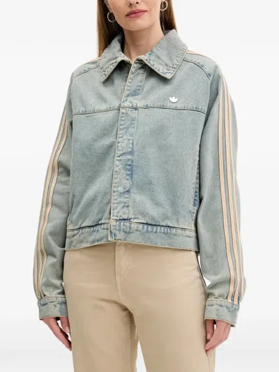 Adidas Originals Stripe-detail Logo-plaque Denim Jacket In Blue