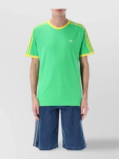 Adidas Originals Striped Crewneck T-shirt Ribbed Cuffs In Enegrn